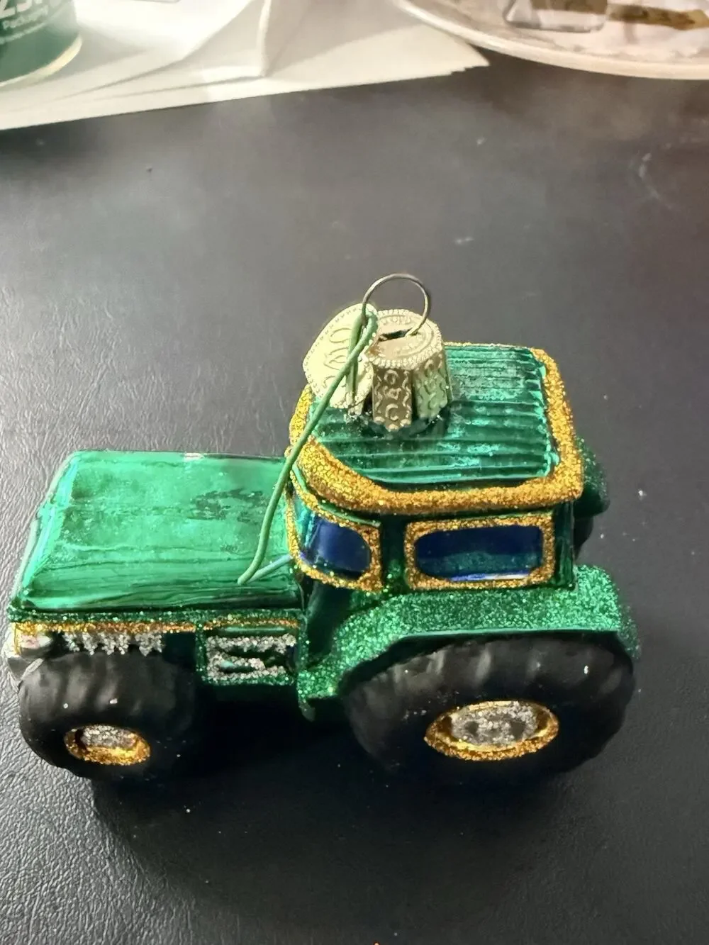 Old World Christmas Green/Yellow Farm Tractor Hand Blown Glass Ornament